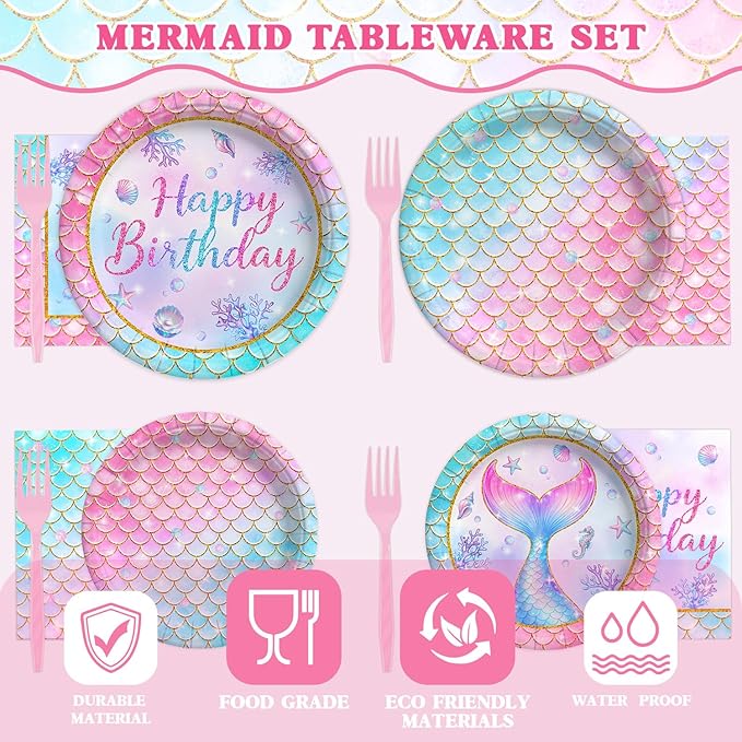 96 Pcs Mermaid Plates and Napkins Tableware Set (Serve 24), Mermaid Birthday Party Decorations, Party Supplies Include Plates Napkins Plastic Forks for Baby Shower