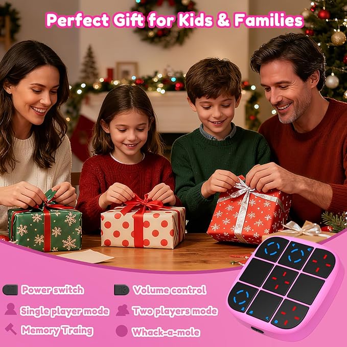 Rechargeable Tic-Tac-Toe Bolt Game, Upgraded 4-in-1 Handheld Puzzle Console, Electronic Educational Memory Game, Portable Travel Car Ride Board Games for Kids Adults (Pink)