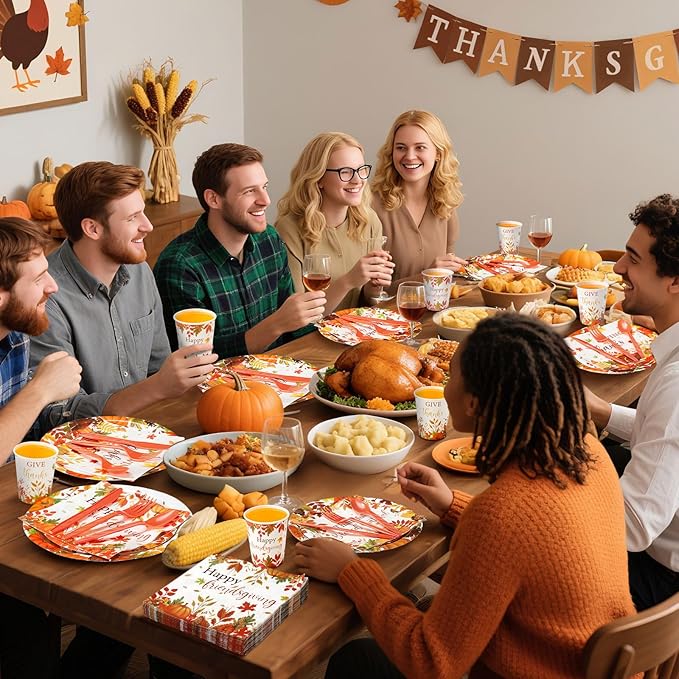 450 Pcs Happy Friendsgiving Tableware Set Decorations, Fall Thanksgiving Pattern Paper Plates Napkins Cups Cutlery Straws for Autumn Harvest Friendsgiving Dinner Party Supplies, Serves 50
