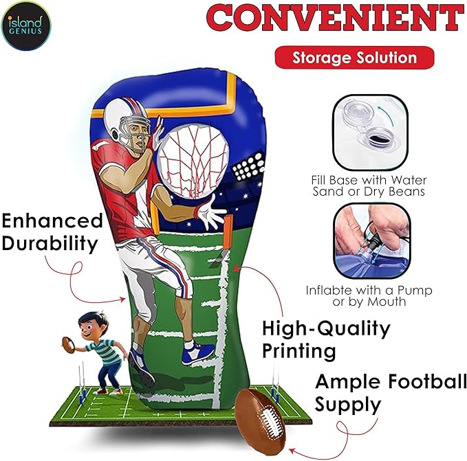 Island Genius Inflatable Football Target Toss Toy and Game for Boys Ages 8-12, 60 inch Receiver with Mini Soft Football