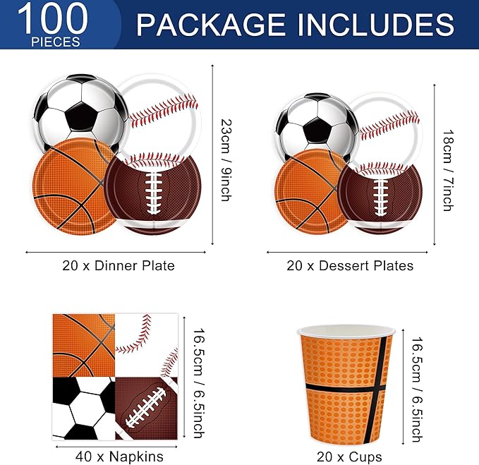 Sports Birthday Party Decorations, Sports Theme Party Supplies, Include Plates, Cups, Napkins, Soccer Basketball Baseball Football Theme Dinnerware (Serve 20)