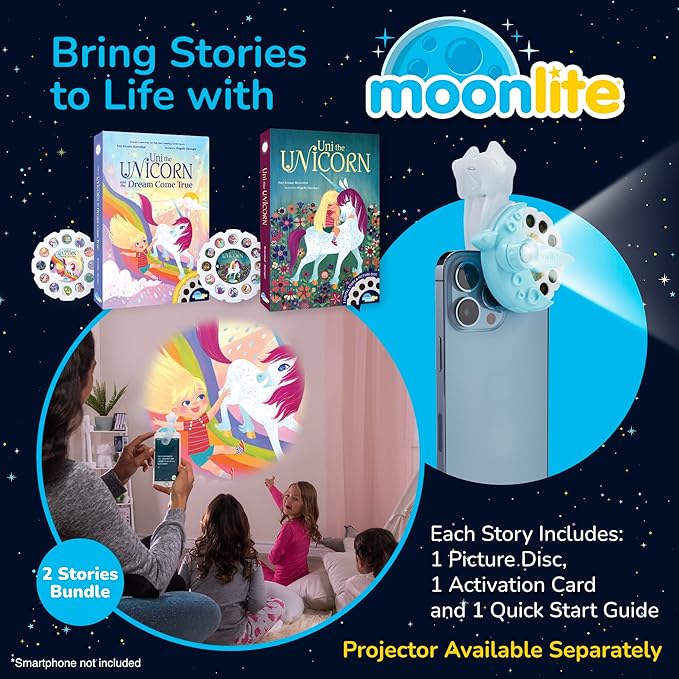 Moonlite Storytime 2-Story Bundle, Requires Moonlite Projector (Sold Separately), Uni The Unicorn Stories, Vibrant Storybook Art Projections with Sound Effects & Music