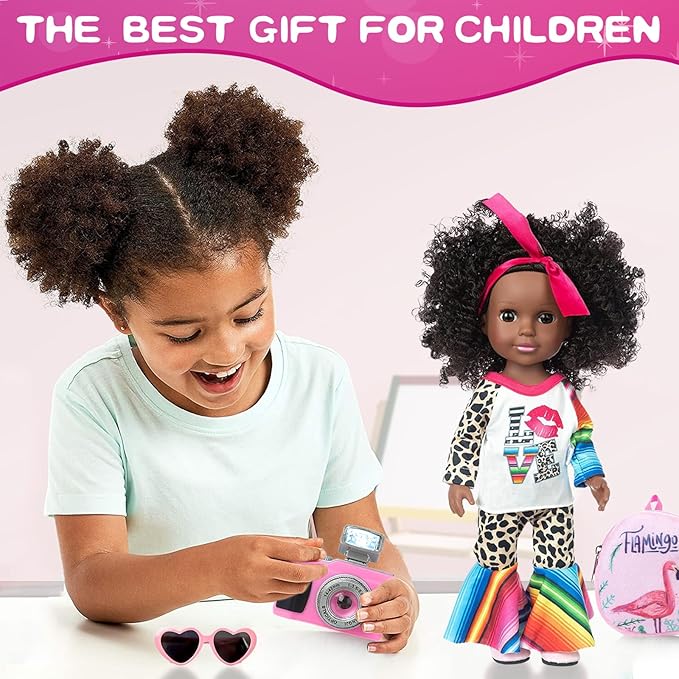 XFEYUE14.5 inch Black Doll and 2 Sets Clothes Accessories, African American Baby Girl Doll Including Glasses, Camera, Bag &Shoes for Kids Girls