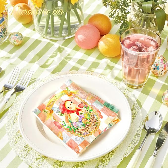 Easter Napkins 24PCS, Pink Green Bunny Floral Paper Napkins, 3-Ply Disposable Happy Easter Napkins for Spring Holiday Party Baby Shower Wedding Birthday Table Napkins Decorations