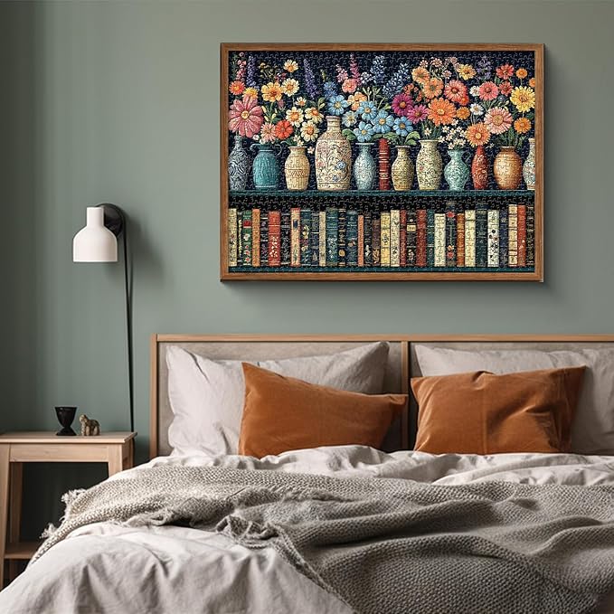 Wildflower Puzzles for Adults 1000 Pieces, PICKFORU Vintage Flower Book Puzzle, Wildflower Pages Jigsaw Puzzle for Book Lover, Floral Art Bookshelf Library Puzzles