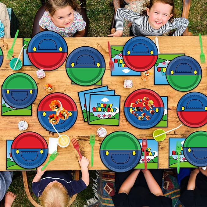 200pcs Super Brother Birthday Party Supplies Super Brother Plates Disposable Paper Tableware Super Bro Plates Napkins with Fork Super Bro Decoration Super Video Games Tableware for Kids Baby Shower
