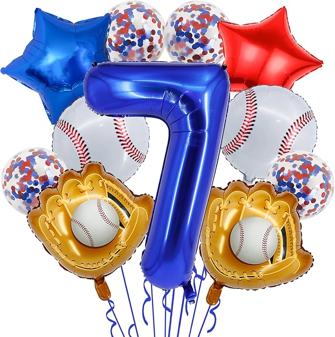 Baseball Birthday Party Balloons, 32 Inch Navy Blue Foil Number 7 Balloon, Baseball Glove Foil Balloon, Red Blue Star Confetti Balloon for 7th Birthday Sports Theme Party Supplies