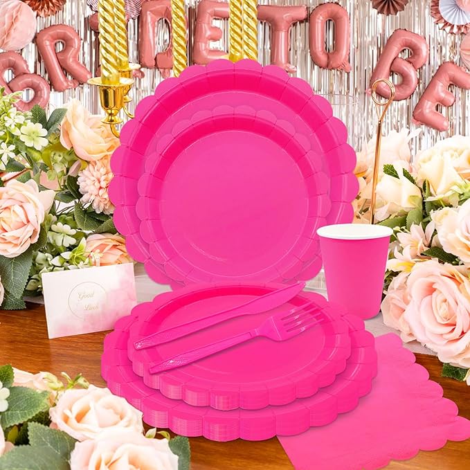 144Pcs Rose Red Party Supplies Hot Pink Party Tableware Sets Serve 24 Guests Includes Rose Red Paper Plates Cups Napkins For Wedding Baby Shower Birthday Decorations