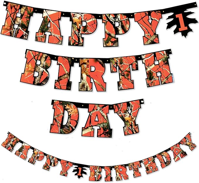 Havercamp Orange Next Camo "Happy Birthday" Party Banner | 1 Count | Great for Hunter Themed Party, Camouflage, Rustic, Nature, Military, Kids Birthday Party