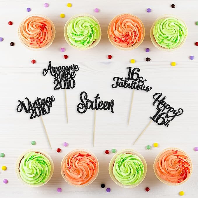 30Pcs Happy 16th Birthday Cupcake Toppers Glitter Sixteen Vintage 2010 Cupcake Picks Cheers to 16 Fabulous Cake Decorations for 16th Birthday Wedding Anniversary Party Supplies Black