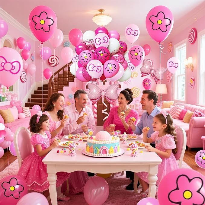 Pink Balloon 64Pcs 12 Inch，Cute Bow Flower Print Balloons for Cartoon Themed Birthday Party Decorations Boys Girls Gatherings Party Supplies