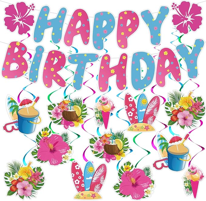 Hibiscus Birthday Party Decorations Happy Birthday Banner with Luau Hibiscus Flower Hanging Swirls Pink Blue Hawaiian Tropical Themed Party Supplies Tropical Luau Summer Decorations