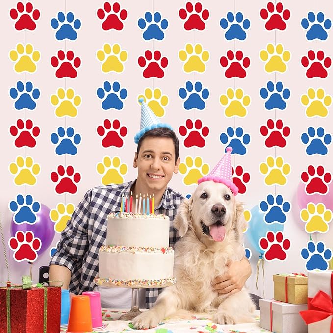 Duraaamo 8 Packs Dog Party Banner Decorations red Blue Paw Print Paper Garland Dog Birthday Paper Hanging Cutouts Colorful Paw Banners for Lets Pawty Pet Birthday Party Supplies Decor (Bright Paws)