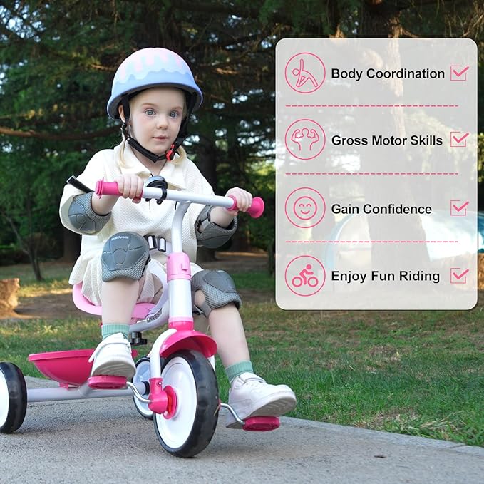 Liberry 2 in 1 Toddler Tricycle Age 2 3 4 Years Old, Kids Trike with Adjustable Push Handle, Bell & Basket, 3 Wheel Bike Riding Toy Birthday Gift for Girls Boys, Pink