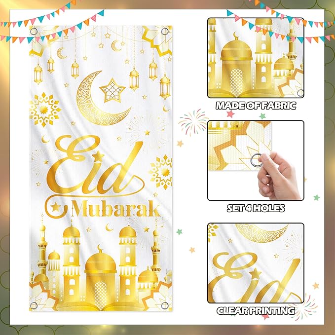Eid Mubarak Banner Decoration, Ramadan Mubarak Door Cover Banner Decoration for Home, Gold Moon Castle Outdoor Wall Hanging Banner Decor for Holiday Party Supplies