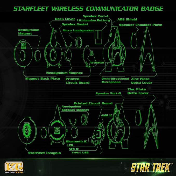 FAMETEK Star Trek Next Generation Bluetooth Communicator Badge 2026 Edition - TNG Bluetooth ComBadge with Chirp Sound Effects, Microphone & Speaker – Star Trek Memorabilia, Gifts and Collectibles