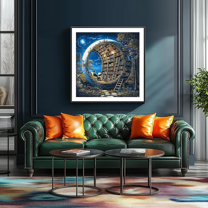 Fantasy Moon Shaped Library 500 Piece Jigsaw Puzzle for Adults, Surreal Night Sky Reading Man Jigsaw Puzzle, Gift for Book Lovers 20x20 Inch