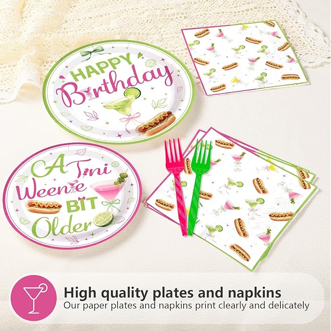 96Pcs Weenies and Tinis Birthday Decorations Hotdog Martini Plates and Napkins Tinis Bit Older Birthday Decoration Favors for Women Girls Hotdog BBQ Themed Bday Bachelorette Party Supplies Serves 24