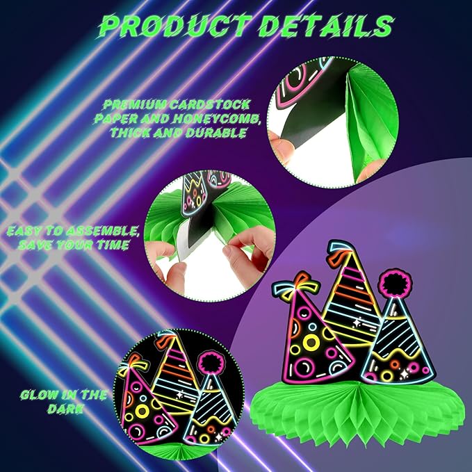 Chinco 6 Pcs Glow Party Birthday Centerpieces Neon Birthday Decorations Honeycomb Centerpieces for Tables Neon Party Supplies(Classic)