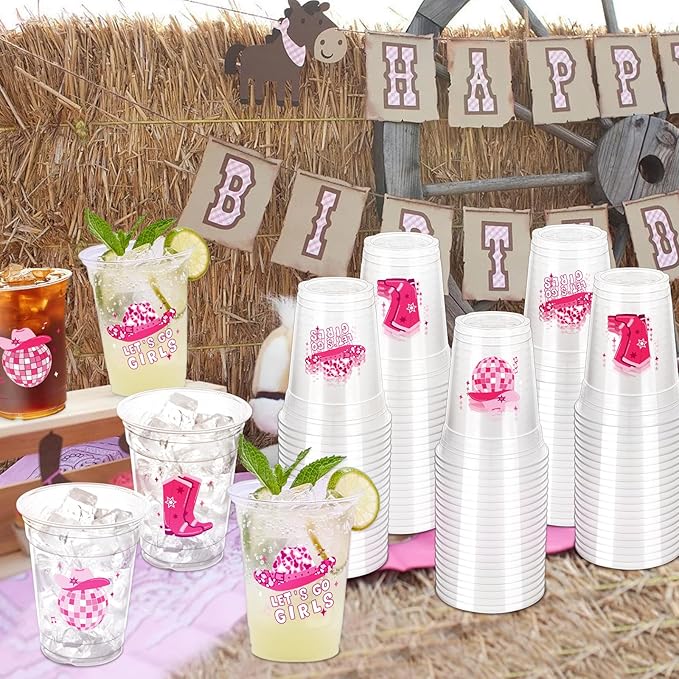 100 Pcs Pink Cowgirl Disco Plastic Cups, 12 oz Western Cowgirl Plastic Cups Clear Disposable Western Cowgirl Party Cups for Cowgirl Birthday Party Baby Shower Last Rodeo Party Supplies