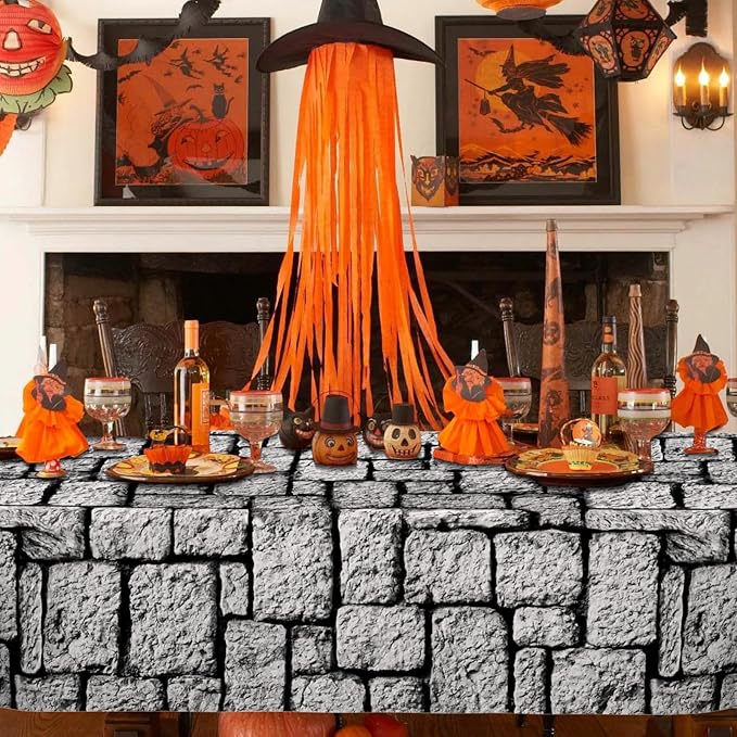 WNINK 4 Pack Stone Wall Tablecloths, Medieval Brick Stone Plastic Table Cover Decoration for Halloween Birthday Party Supplies Medieval Castle Knight Themed