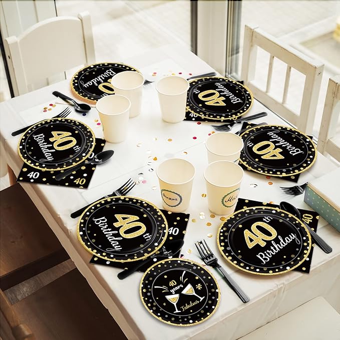 96 Pcs 40th Birthday Plates and Napkins Party Supplies Black Gold Happy Forty Theme Tableware Set 40th Birthday Decorations Favors for Men and Women Serves 24