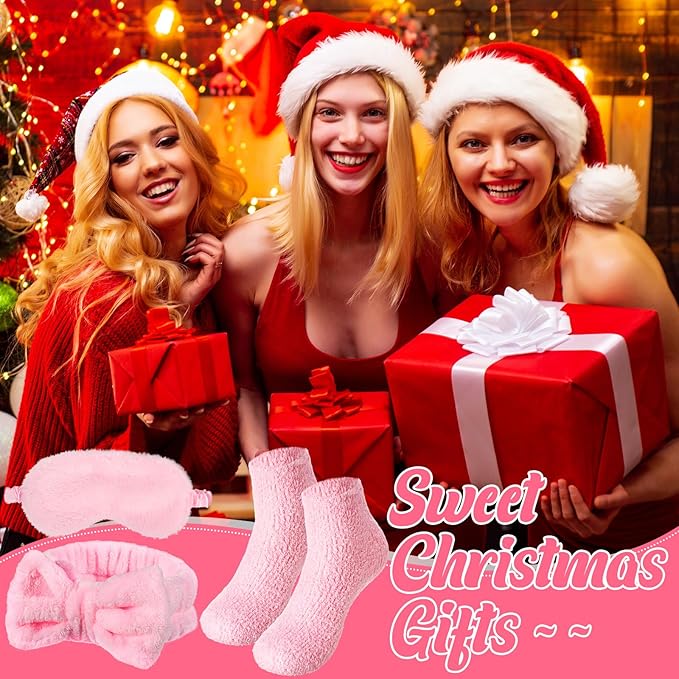 30 Pieces Galentine Spa Sleepover Party Supplies 6 Pink Bow Headband 6 Plush Sleep Eye Mask 6 Velvet Scrunchies 6 Pair Fuzzy Sock for Spa Slumber Party Favors Valentine Gift