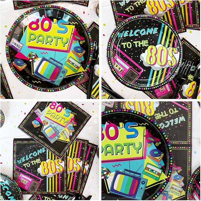 80s Party Supplies - 122 Pcs Plates, Napkins, Tablecloth Set for Back to the 80s Party Decorations - Serves 40