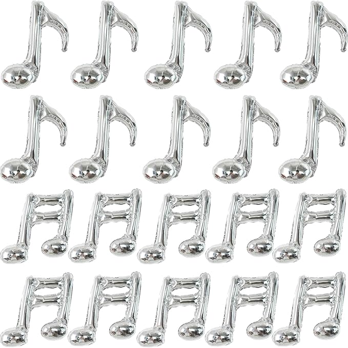 TONIFUL 20pc Music Balloons - Silver Music Notes Party Decorations - Aluminum Foil Balloons for Birthday, Baby Shower, Outdoor Party