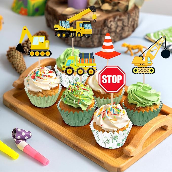 24 PCS Construction Cupcake Toppers Stop Sign Dump Truck Excavator Tractor Party Cake Food Picks Decorations for Construction Theme Baby Shower Kids Birthday Party Supplies