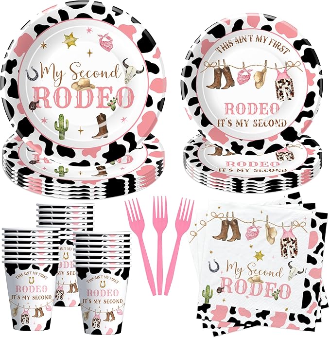 Western Cowgirl 2nd Birthday Party Supplies, Wild West My Second Rodeo Birthday Decorations Tableware Girl, Paper Plate, Cup, Napkin, Fork | Serve 24
