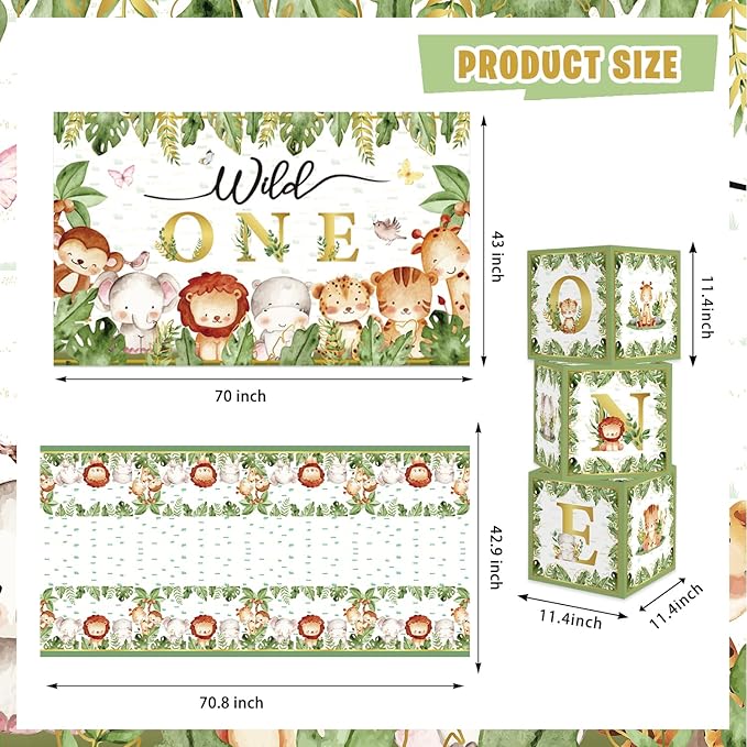 Mpanwen Wild One Birthday Decorations for Boys, 132 Pcs First Safari Jungle Theme Party supplies for 1st Boy Baby - Backdrop, Tablecloth, Palm Leaves, Centerpieces, Crown, Poster, Wall Signs, Blocks