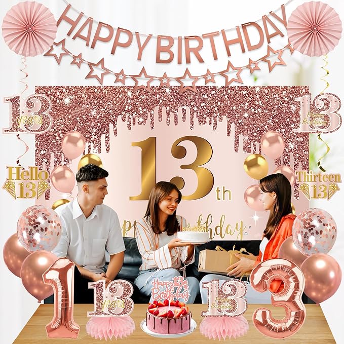 13th Birthday Decorations for Girls, Pink Rose Gold Happy 13 years old Birthday Banner Backdrop Balloons Sash Table Cake Topper Honeycomb Centerpieces Hanging Swirls Paper Fans Party Supplies