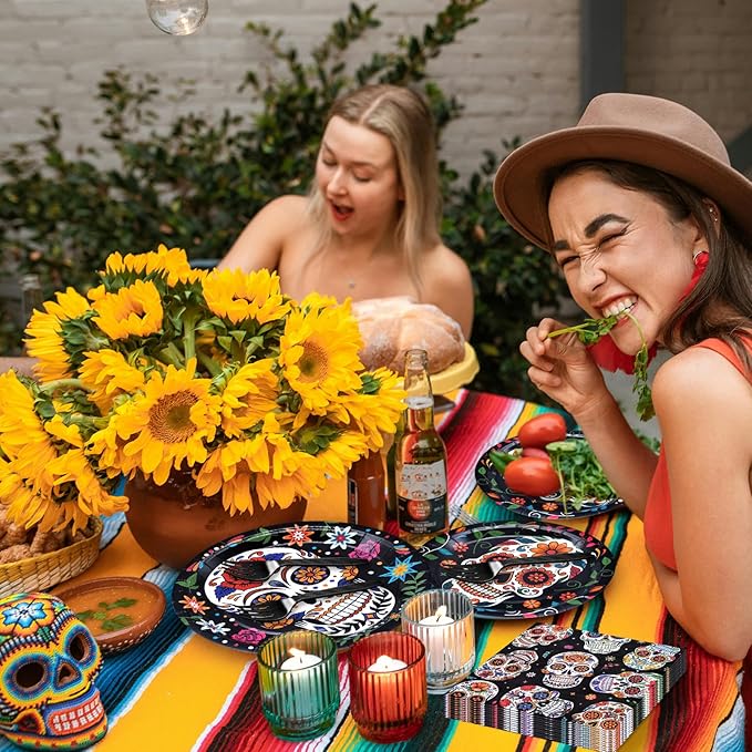 96 Pieces Day of the Dead Tableware Set - Mexican Sugar Skull Pattern Disposable Plates, Napkins, and Forks for Dia de los Muertos, Halloween, Fiesta, and Cultural Celebrations – Serves 24