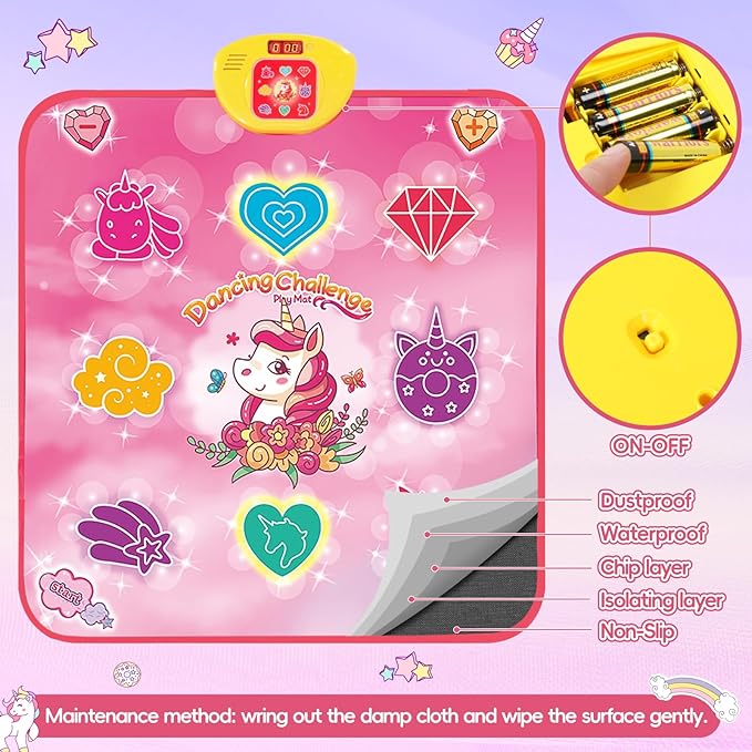 Unicorn Dance Mat, Unicorn Toys for Girls Age 4-6, Girls Toys Age 6-8, Adjustable Volume with LED, 6 Game Modes, Electronic Dancing Mat as Christmas Birthday Gift for 3 4 5 6 7 8 9+ Girls