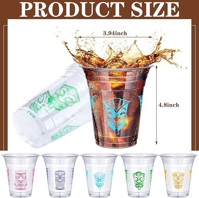 Pinkunn100 Pcs Tiki Plastic Cups Bulk Clear Plastic Mug Cups 16OZ Themed Luau Mug Hawaiian Party Drinking Tumblers for Hawaiian Party Supplies(Tiki)