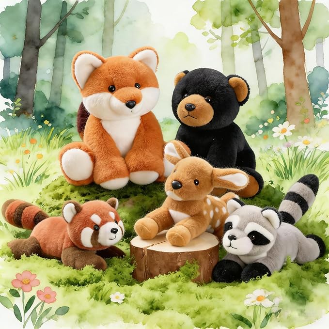 MaoGoLan 5 Pcs Soft Woodland Stuffed Animals Bulk Plush Toys for Girls Kids, 8'' Grizzly Bear Deer Fox Raccoon Red Panda Forest Animal Plushies Set Theme Party Favors Decorations Gifts Christmas