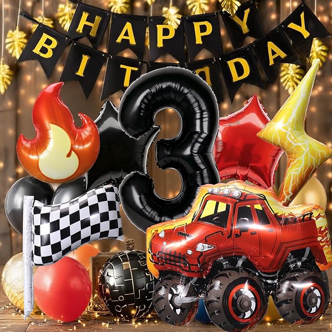 Truck Number 3 Balloons, Huge Truck Flags Lightning Flame Stars Aluminum Foil Balloons for 3rd Birthday, Race Car Theme Party Decorations Supplies