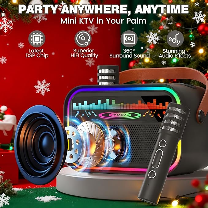 Mini Karaoke Machine Toys Gifts for Kids Girls Age 3-12+, Tnvee Portable Bluetooth Speaker with 2 Wireless Microphones, Funny Toddler Singing Karaoke for Birthday, Family, Home Party - Black