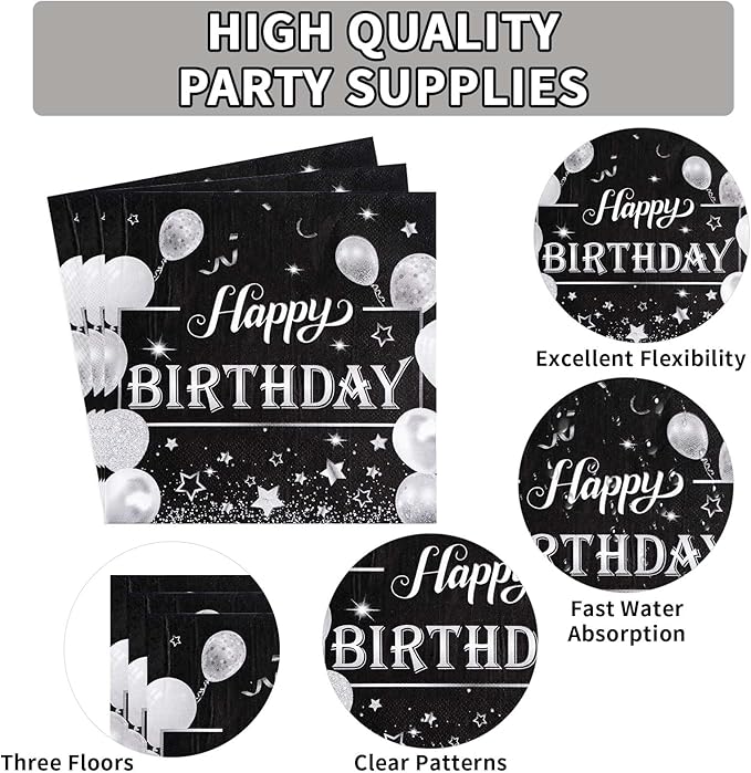 96Pcs Black and Silver Birthday Party Supplies Black and Silver Plates Disposable 350GSM Black White Tableware Set Black Birthday Party Decorations for Men Women Glitter Birthday Party Favor,Serve 24