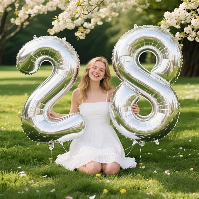 40 Inch Silver Number 28 Digital Balloon,Jumbo Mylar Foil Helium Balloon for 28 Balloons for Birthday Party,Wedding Anniversary Party Decorations