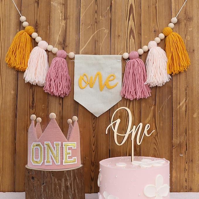 Baby Girls Pink Yellow 1st High Chair Banner Wood Bead Tassel Garland Crown Hat Wooden Cake Topper Birthday Party Decorations