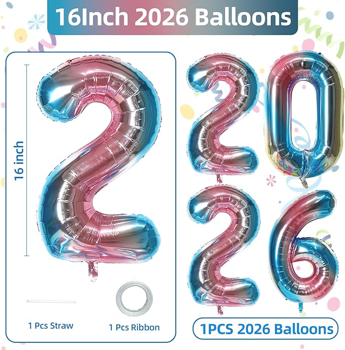 KALOR 16 Inch 2026 Rainbow Foil Number Balloons, 2026 New Years Decorations for 2026 Happy New Year Eve and Graduations Party Supplies