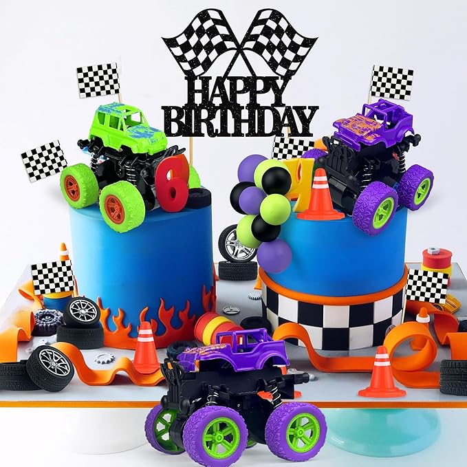 29PCS Truck Cake Decoration 2 Purple 1 Green Off-road Vehicle Cake Top Decoration Deep Purple Light Green Black Balls Truck Themed Party Supplies
