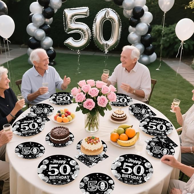 96Pcs Happy 50th Birthday Party Supplies Black and Silver 50th Plates and Napkins Tableware Sets Back in 1975 Birthday Party Decorations for Men Women Cheers to 50 Years Favors Decor Serves 24