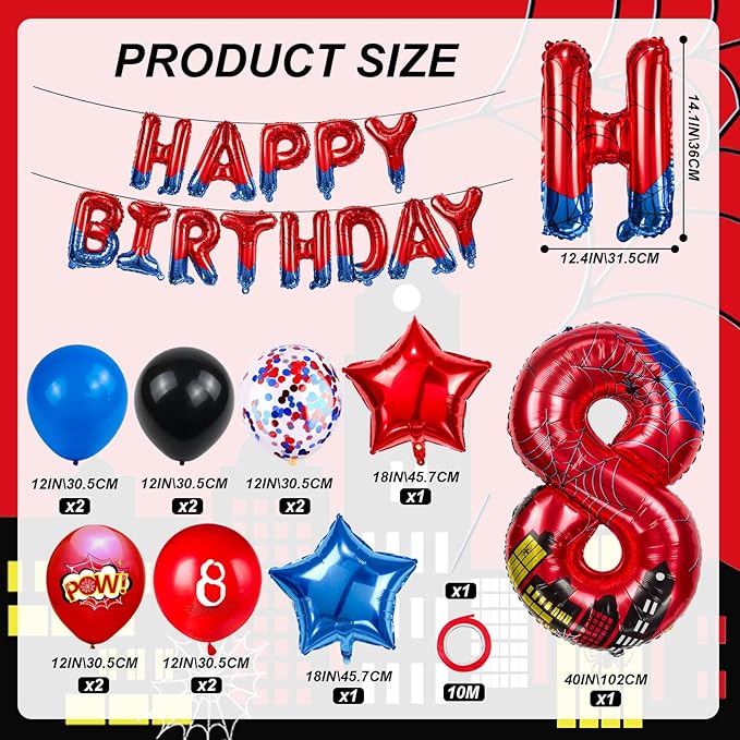 Cartoon Hero 40 Inch Red and Blue Spider Theme Number Foil Birthday Decoration Balloon, Spider Theme Happy Birthday Banner Party Decoration Balloon, Letter Logo Superhero Party Supplies (8)