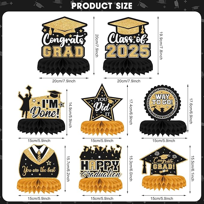 8 Pieces Class of 2025 Graduation Table Decorations - 2025 Congrats Grad Honeycomb Centerpieces, Black and Gold Graduation Table Toppers Decor for 2025 Graduation Party Decorations Favor Supplies