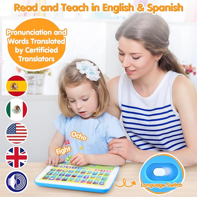 PLAY Bilingual Spanish & English Learning Toys for Toddlers 1-3, Kids Interactive Learning Tablet, Childrens Alphabet ABC/Words/Numbers/Colors Learning Pad, Education Toy for Babies 24 Month+