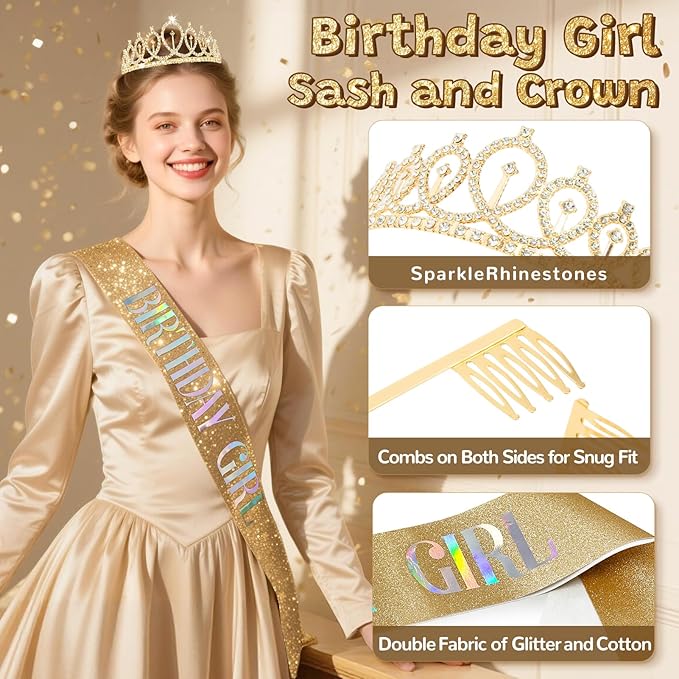Golden Birthday Party Decorations for Women Girls , 46Pcs Gold Birthday Decorations Include Birthday Girl Sash Crown Fringe Curtain Balloons for Women Girls Party Supplies