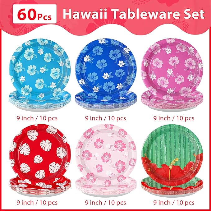 60Pcs Hawaiian Party Paper Plates 9 Inch Disposable Heavy Duty Hawaiian Hibiscus Floral Plates Tropical Luau Cartoon Hibiscus Party Decorations for Hawaii Summer Beach Pool Holiday Birthday Supplies